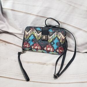 The Sak Hasley Coated Aztec Crossbody Wallet Wristlet 8 x 5 Inch Black Multi
